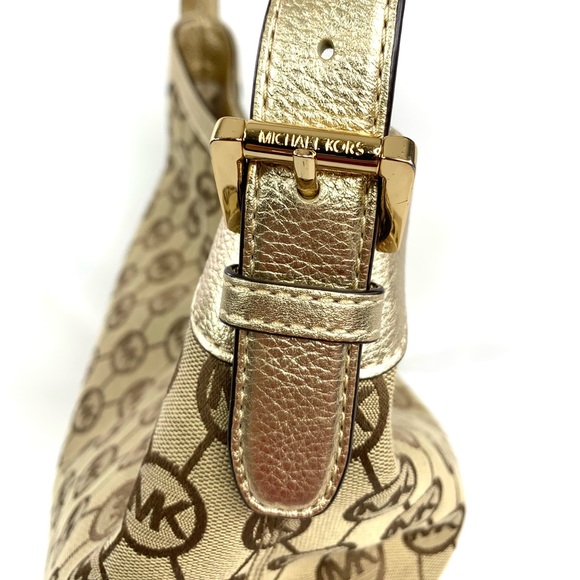 Michael Kors Millwork Tan Brown Canvas Signature Large Shoulder Bag Gold Leather - Picture 7 of 11